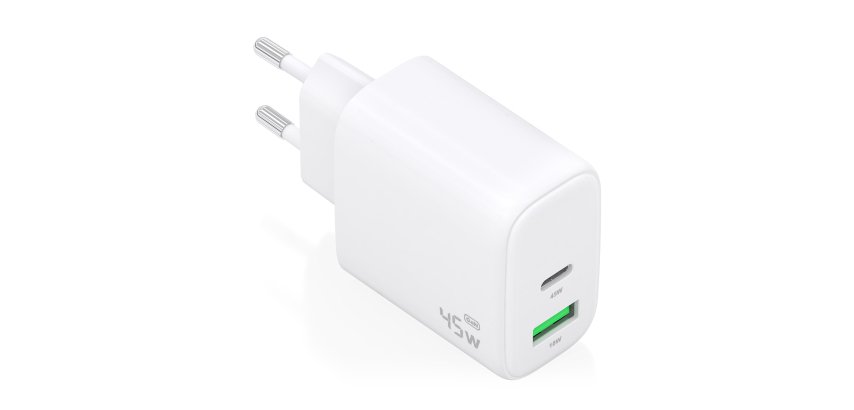 AISENS Cargador GaN 45W, 1xUSB-C PD3.0 QC4.0, 1xUSB-A QC3.0, Blanco