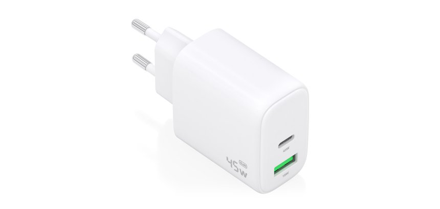 AISENS Cargador GaN 45W, 1xUSB-C PD3.0 QC4.0, 1xUSB-A QC3.0, Blanco