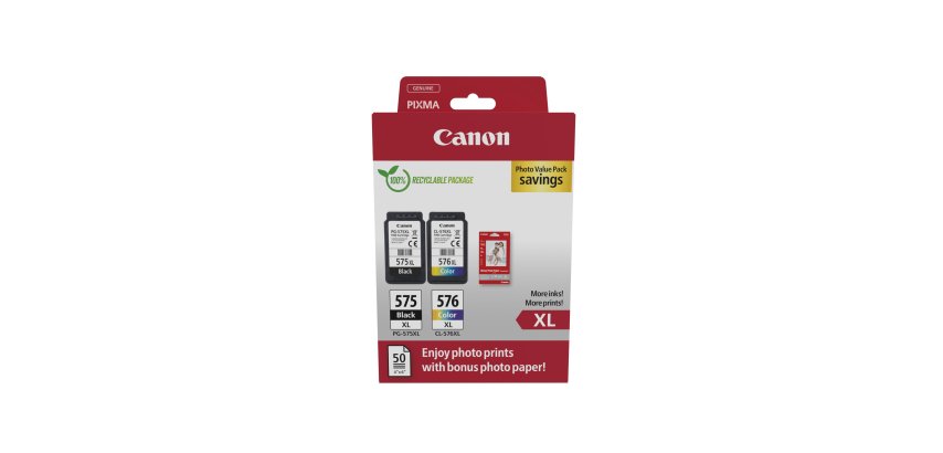 Canon PG575 XL + CL576 XL Pack cartouche noire + couleurs pour imprimante jet d'encre avec papier photo offert