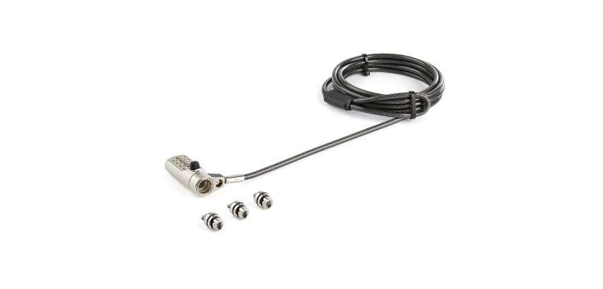 StarTech.com 3-in-1-Universal Laptopschloss mit 2m Kabel - 4-stelliges Kombination Sicherheitskabelschloss - Kompatibel mit K-Steckplatz, Nano- und Keilsteckplatz - Diebstahlsicheres Stahlkabel