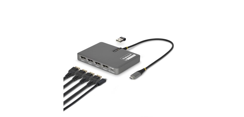 StarTech.com Adaptateur USB-C vers Station de Travail Quadruple Écran, DisplayPort 4K 60Hz, Passage PD 140W pour le Chargement d'Ordinateurs Portables, Port USB pour Clavier/Souris Sans Fil, TAA