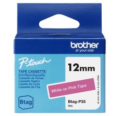Brother BTAG-P35 – Ruban adhésif Brotherblanc sur rose, 12 mm de large, non laminé