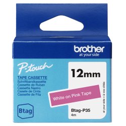 Brother BTAG-P35 – Ruban adhésif Brotherblanc sur rose, 12 mm de large, non laminé