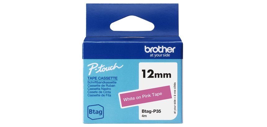 Brother BTAG-P35 – Ruban adhésif Brotherblanc sur rose, 12 mm de large, non laminé