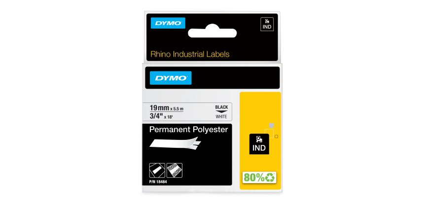 DYMO Rhino Industrial Permanent Polyester Labels | 19mm x 5.5m | Black Print on White | Self-Adhesive | for Rhino & LabelManager Label Makers