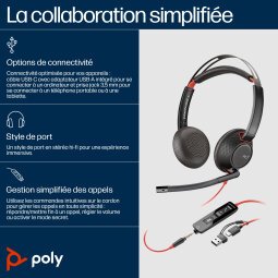 POLY Micro-casque stéréo USB-C Blackwire 5220 + prise 3,5 mm + adaptateur USB-C/A (lot)