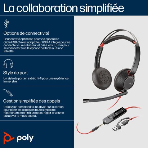 POLY Micro-casque stéréo USB-C Blackwire 5220 + prise 3,5 mm + adaptateur USB-C/A (lot)