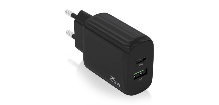 AISENS Cargador 25W, 1xUSB-C PD3.0, 1xUSB-A QC3.0, Negro