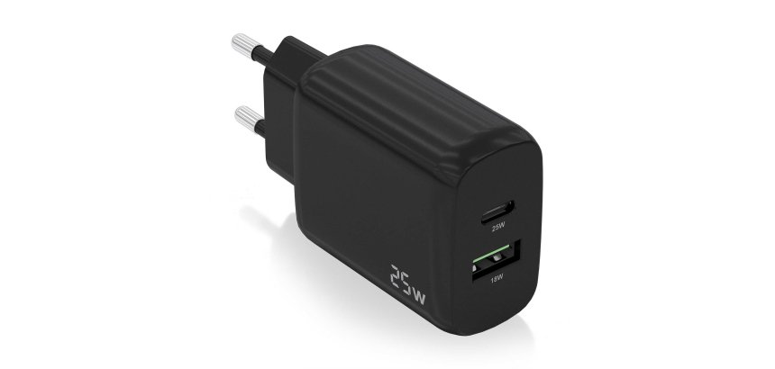 AISENS Cargador 25W, 1xUSB-C PD3.0, 1xUSB-A QC3.0, Negro