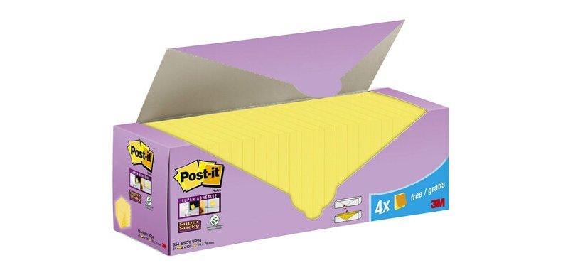 Pack de 24 blocs notes jaunes Super Sticky 76 x 76 mm - bloc de 90 feuilles dont 4 offerts.