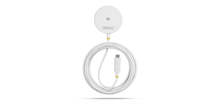 StarTech.com Pad de Charge Sans Fil Magnétique Qi2.2 25W Certifié avec Câble USB-C Intégré 6,6pi (2m), Compatible MagSafe pour iPhone 17/16 Pro/Pro Max, Blanc