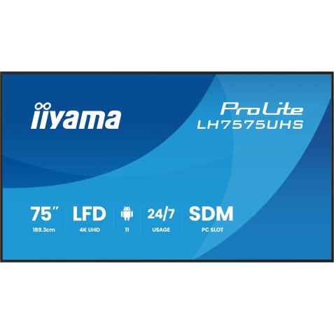 iiyama LH7575UHS-B2AG Écran d'affichage dynamique Écran plat de signalisation numérique 190,5 cm (75") LCD Wifi 500 cd/m² 4K Ultra HD Noir Intégré dans le processeur Android 11 24/7