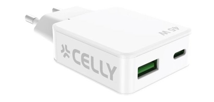 Celly SLIMTC1C1A45WWH Caricabatterie per dispositivi mobili Computer portatile, Smartphone, Tablet Bianco AC Ricarica rapida Interno