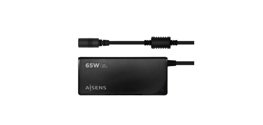 AISENS Cargador 65 W Automatico Universal Multitension Para Portatil Con 9 Conectores + USB-A QC.3.0