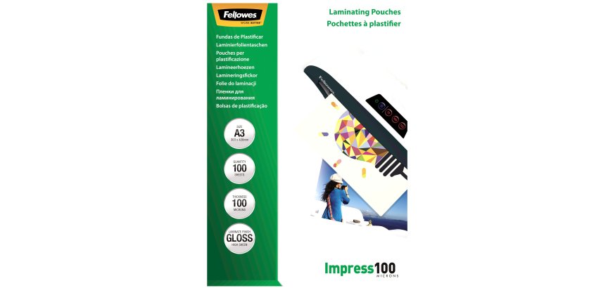 Fellowes A3 Laminating Pouches - 2 x 100 Microns - Glossy - Box of 100