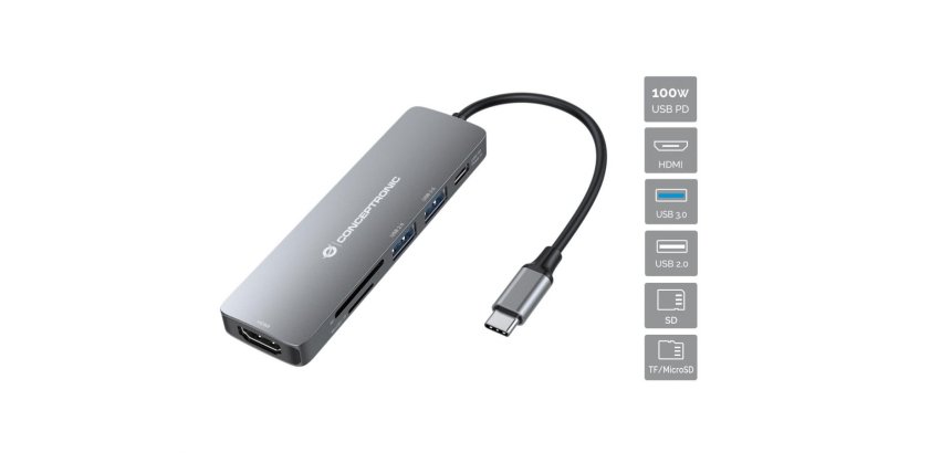 Conceptronic DONN11G 6-in-1 USB 3.2 Gen 1 Docking Station, HDMI, 100W USB PD, USB 3.0, USB 2.0, SD, TF/MicroSD