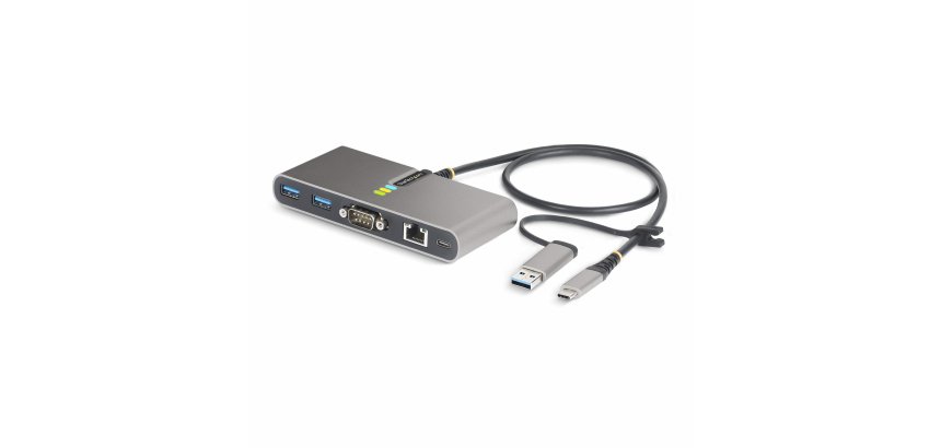 StarTech.com Hub USB-C à 2 Ports USB-A avec Ethernet et RS-232, Dongle USB-C vers USB-A, 100W PD Pass-Through, 2x USB-A 5Gbps, Gigabit Ethernet, Série RS232 (FTDI)