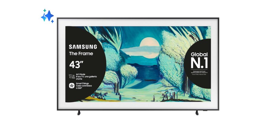 Samsung The Frame AI TV 43" QE43LS03FAUXZT 4K, Processore NQ4 AI Gen2, 4K AI Upscaling, Art Mode, Matte Display, Quantum HDR, Dolby Atmos & OTS Lite, Modern Frame Design, Vision AI Smart TV, 2025
