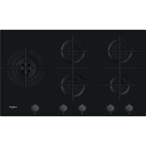 WHIRLPOOL Plaque gaz GOWL928NB, 5 foyers, verre noir, Grilles fonte