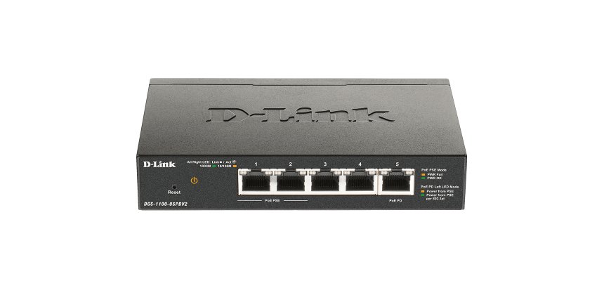 D-Link DGS-1100-05PDV2 commutateur réseau Géré Gigabit Ethernet (10/100/1000) Connexion Ethernet, supportant l'alimentation via ce port (PoE) Noir