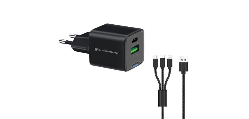 Conceptronic 2-Port 33W GaN USB PD Charger with 3-in-1 Charging Cable, USB-C x 1, USB-A x 1, QC 3.0, PPS