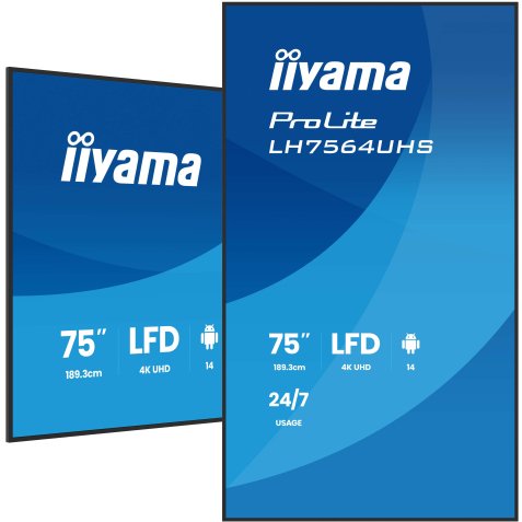iiyama LH7564UHS-B1AG Écran d'affichage dynamique Écran plat de signalisation numérique 190,5 cm (75") Wifi 500 cd/m² 4K Ultra HD Noir Android 24/7