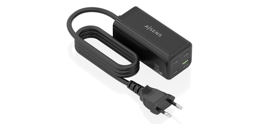 AISENS Cargador Sobremesa GaN 100W, 3x USB-C PD3.0 QC4.0 QC5.0, 1x USB-A QC3.0, Negro
