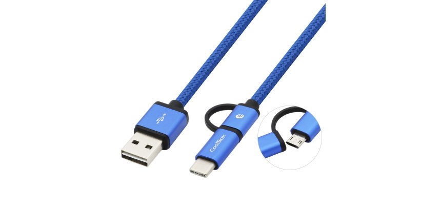 Cable USB CoolBox COO-CAB-U2MC-BL, 1 m, USB A, USB C/Micro-USB B, USB 2.0, 480 Mbit/s, Azul