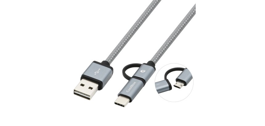 Cable USB CoolBox COO-CAB-U2MC-GR, 1 m, USB A, USB C/Micro-USB B, USB 2.0, 480 Mbit/s, Gris