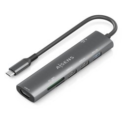AISENS USB-C Dock 7 en 1, USB-C A, 1x HDMI, 2x USB-A USB2.0, 1x USB-A USB3.0, 1x USB-C PD 100W, 1x SD, 1x MicroSD, Gris, 15cm