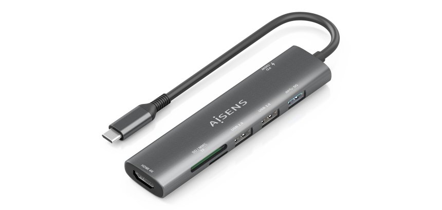 AISENS USB-C Dock 7 en 1, USB-C A, 1x HDMI, 2x USB-A USB2.0, 1x USB-A USB3.0, 1x USB-C PD 100W, 1x SD, 1x MicroSD, Gris, 15cm