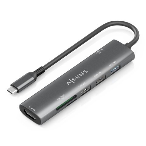 AISENS USB-C Dock 7 en 1, USB-C A, 1x HDMI, 2x USB-A USB2.0, 1x USB-A USB3.0, 1x USB-C PD 100W, 1x SD, 1x MicroSD, Gris, 15cm
