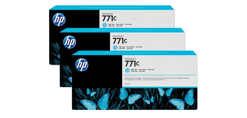 HP 771C pack de 3 cartouches d'encre DesignJet cyan clair, 775 ml