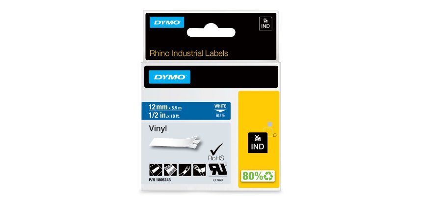 DYMO Rhino Industrial Vinyl Labels | 12 mm x 5.5m | White Print on Blue | Self-Adhesive | for LabelManager & Rhino Label Makers