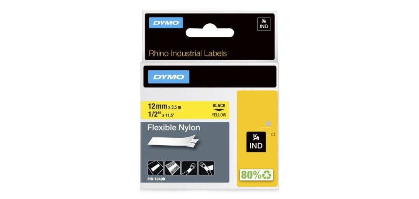 DYMO Rhino etiquetas industriales de nailon flexible | 12 mm x 3,5 m | de color negro sobre fondo amarillo