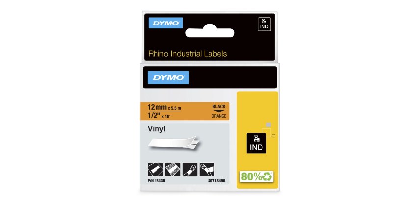 DYMO Rhino Étiquettes en vinyle industrielles | 12 mm x 5,5 m | autocollantes impression en noir sur fond orange | pour étiqueteuses Rhino et LabelManager