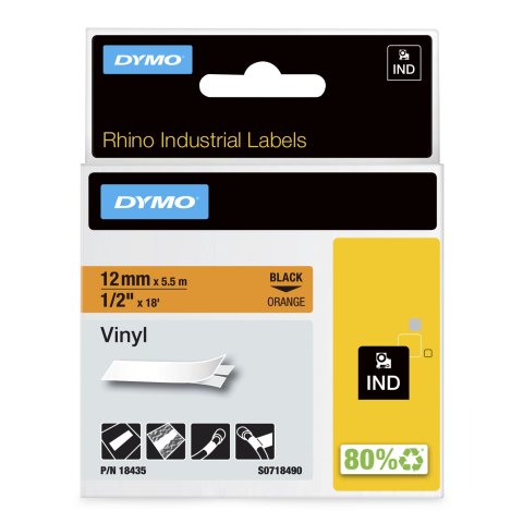 DYMO Rhino Etiquetas industriales de vinilo | 12 mm x 5,5 m | Impresión en negro sobre naranja | Autoadhesivas | Para rotuladoras Rhino y LabelManager