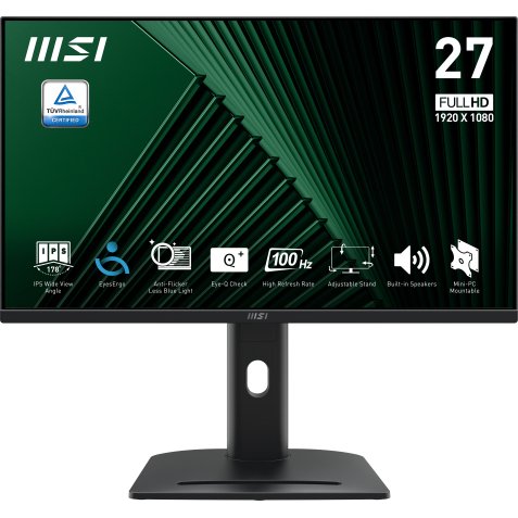 MSI PRO MP275PG 27 Inch Monitor, FHD (1920 x 1080), 100Hz, IPS, 1ms, 1x HDMI 1.4b, 1x DP 1.2a output, 1x D-Sub(VGA), Built-in Speakers, Anti-Glare, Anti-Flicker, Less Blue light, TÜV Certified, VESA, Kensington, 4-way adjustable stand, Black