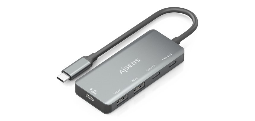 AISENS Hub USB 3.1 USB-C, USB-C/M-1xUSB-C PD 100W+1xUSB-C USB3.0/H+1xUSB-C USB2.0/H+2xUSB-A USB2.0/H, Gris, 15cm