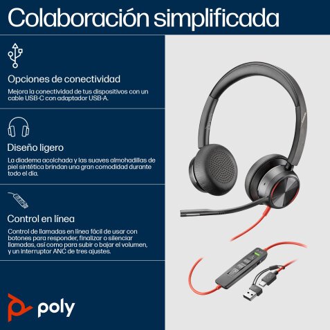 POLY Auriculares estéreo Blackwire 8225 USB-C + Adaptador USB-C/A