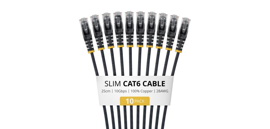 StarTech.com 25cm Black Slim CAT6 Cable, 10 Pack, Snagless, 100W PoE, UTP, LSZH, 28AWG Pure Bare Copper Wire, Slim RJ45 Network Patch Cord w/Strain Reliefs, Individually Tested