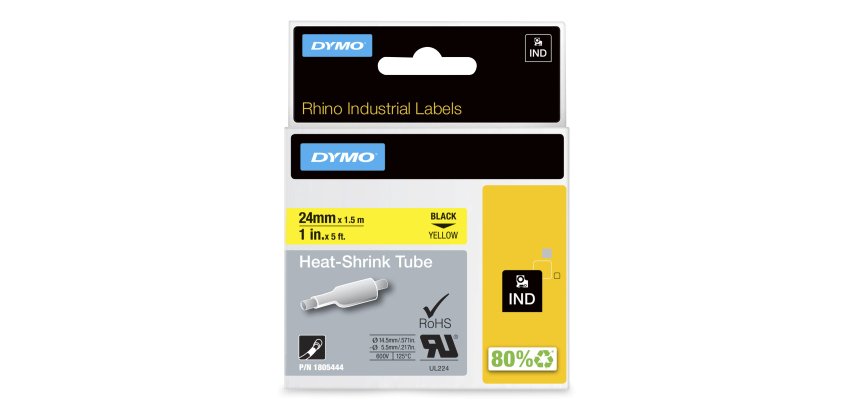 DYMO Rhino Industrial Heat-Shrink Cable Label Tubes | 24 mm x 1.5 m | Black Print on Yellow | for Rhino Label Makers