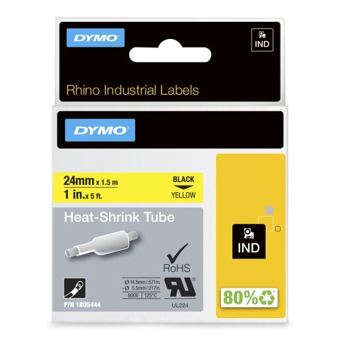 DYMO Rhino etiquetas industriales de tubo termorretráctil | 24 mm x 1,5 m | de color negro sobre fondo amarillo