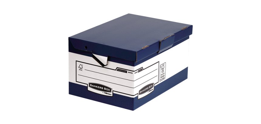 Conteneur maxi bankers box heavy duty carton coloris blanc bleu montage automatique