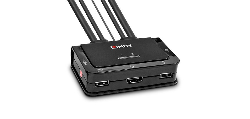 Lindy Switch KVM 2 ports HDMI 4K30, USB 2.0 & audio, câbles intégrés
