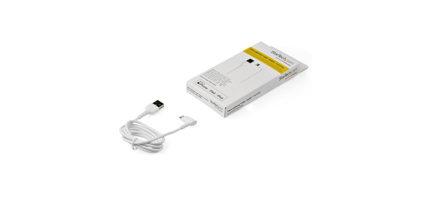 StarTech.com 1m strapazierfähiges weißes USB-A auf Lightning-Kabel - 90° rechtwinkliges USB Lightning Ladekabel mit Aramidfaser - Synchronis