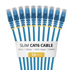 StarTech.com 25cm Blue Slim CAT6 Cable, 10 Pack, Snagless, 100W PoE, UTP, LSZH, 28AWG Pure Bare Copper Wire, Slim RJ45 Network Patch Cord w/Strain Reliefs, Individually Tested
