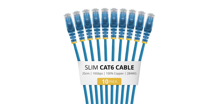 StarTech.com 25cm Blue Slim CAT6 Cable, 10 Pack, Snagless, 100W PoE, UTP, LSZH, 28AWG Pure Bare Copper Wire, Slim RJ45 Network Patch Cord w/Strain Reliefs, Individually Tested