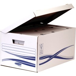 Conteneur carton Bankers Box H 26 x L 53 x P 35 cm, ouverture sur le dessus, montage manuel, Blanc/Bleu