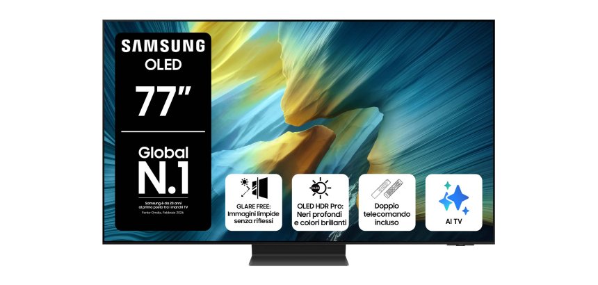 Samsung OLED AI TV 77" QE77S95FATXZT 4K, Processore NQ4 AI Gen3, 4K AI Upscaling Pro, Glare Free, OLED HDR Pro, Dolby Atmos & OTS+, Infinity One Design, Vision AI Smart TV, 2025